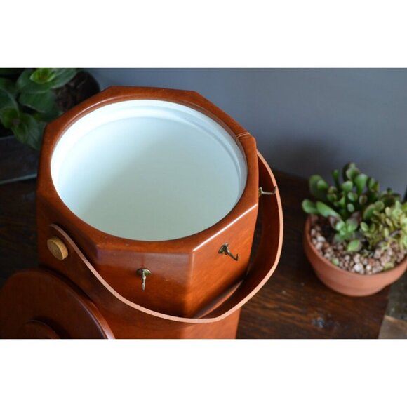 Ice Bucket Utensil Hooks Octagonal Tan Leatherette Vegan Leather mad men barware - Picture 4 of 5